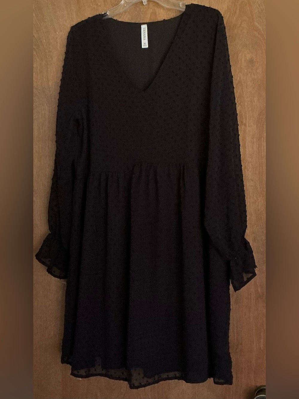 Zenana Babydoll Mini Dress Black Swiss Dot V-Neck Long Sleeve Ruffle Cuffs XL